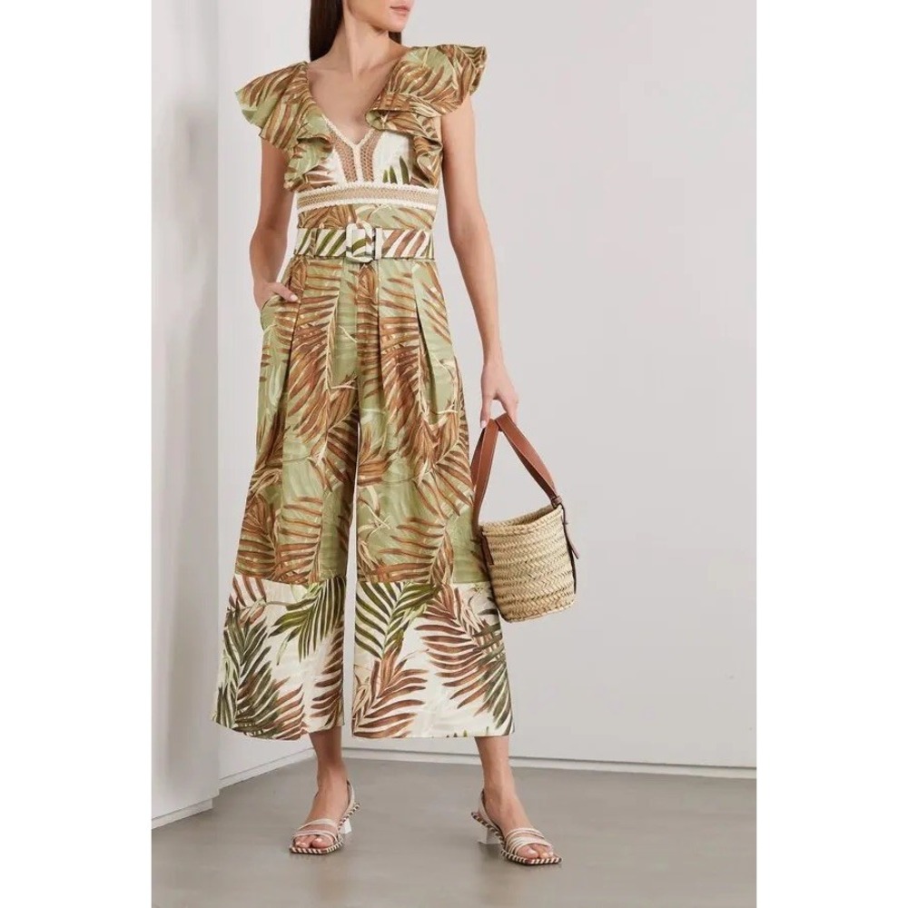 PatBO Palmeira Jumpsuit Belted Palm Print Tropical Sz 0 Wide‎ Leg Green Tan Sexy